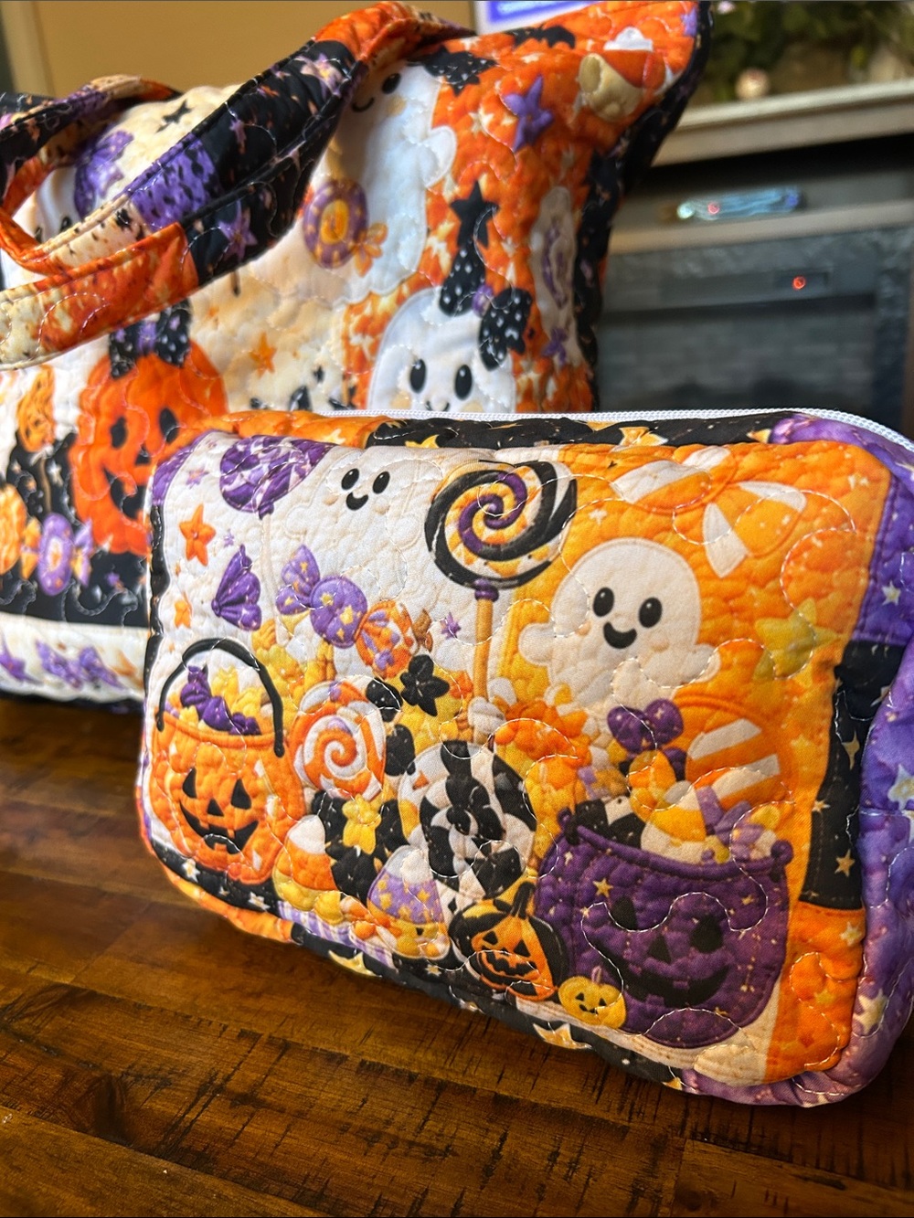 Quilted Halloween Tote & Cosmetic Bag in Halloween Colors | Orange & Purple - Picture 2 of 16